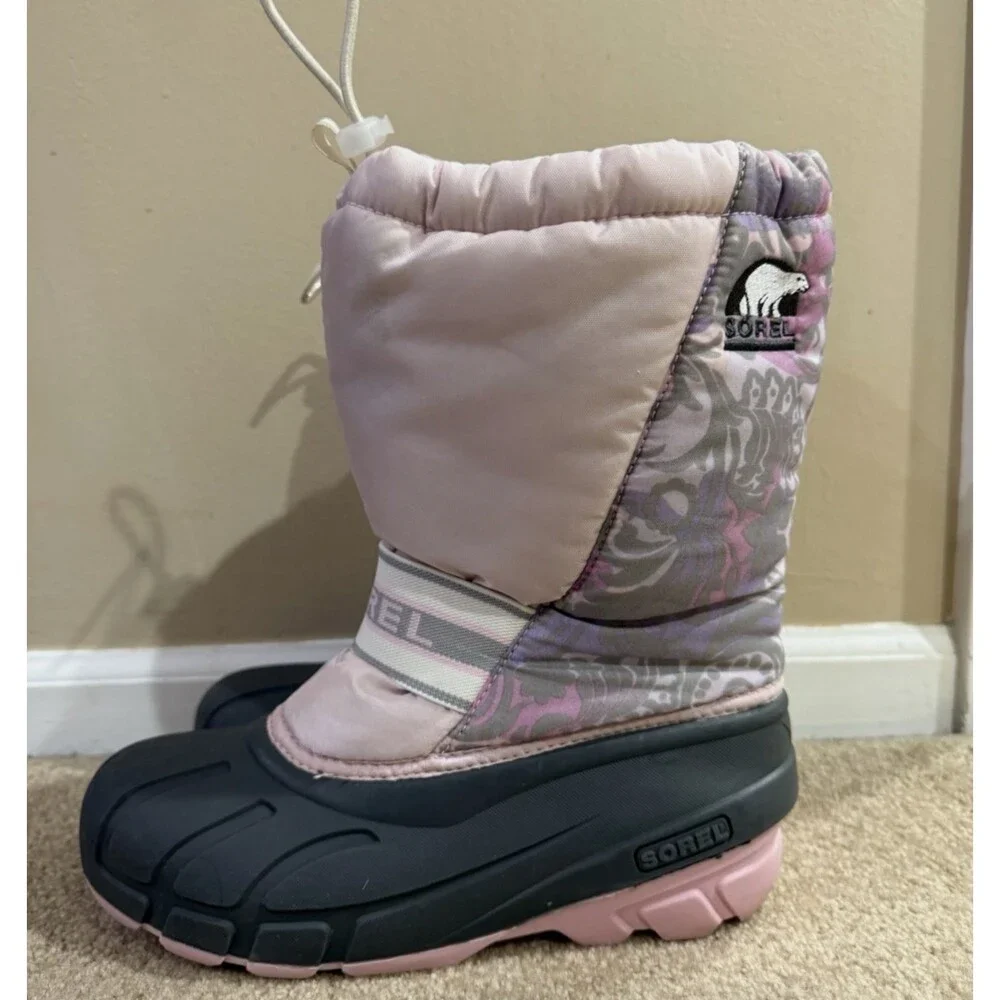 Sorel Girls 6Y Snow Boots Pink Floral Waterproof Winter Rubber Insulated Boot